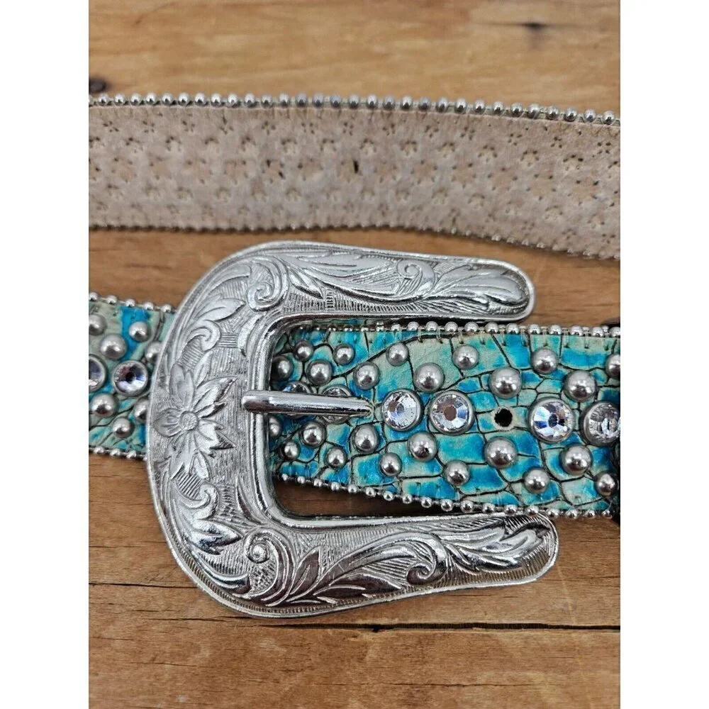 B.B. Simon Western Belt Womens 30 Aqua Green Leather Rhinestones Studs